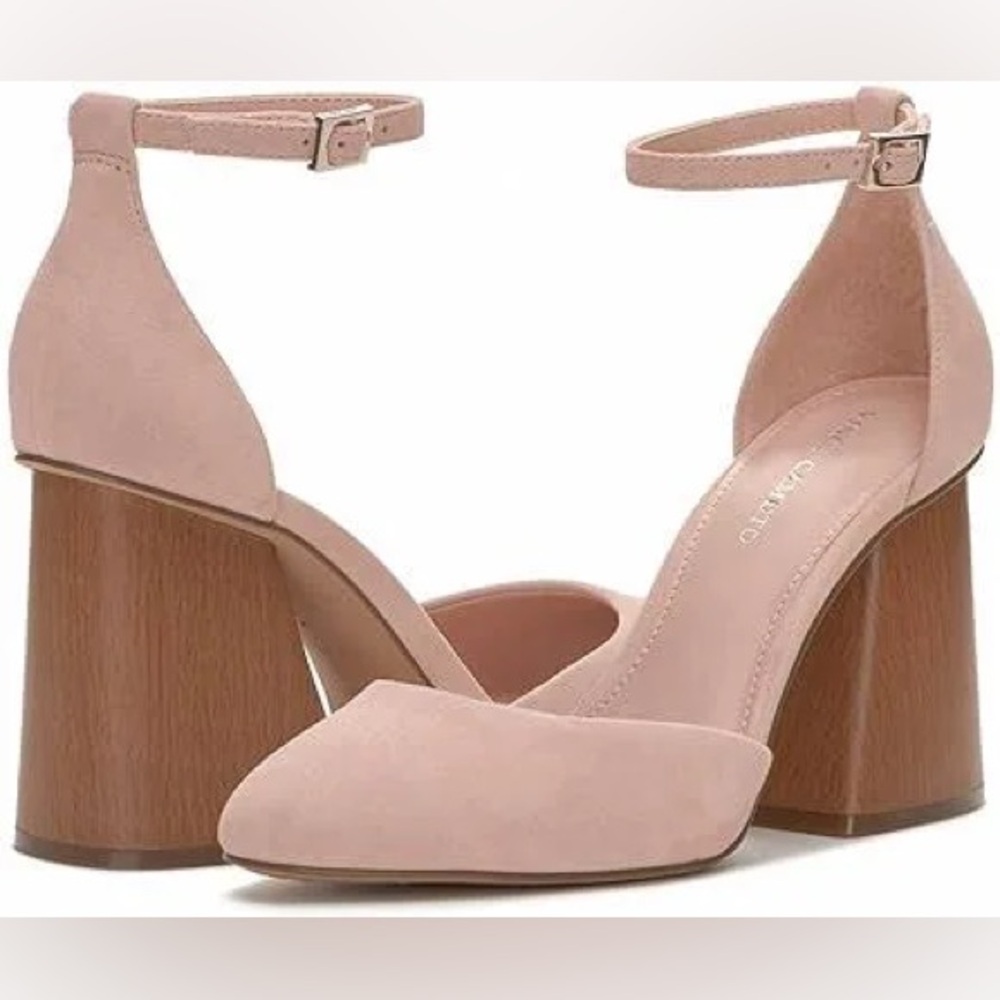 Vince Camuto Rose Blush Pink Nude Suede Pumps with Wood Block Heel Size 10